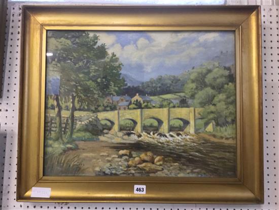 Landscape of bridge over river & cottages signed E Roberts 1932